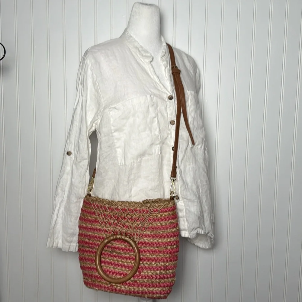 Nanette Lepore Pink and Tan Jute Bucket Bag - Picture 1 of 16